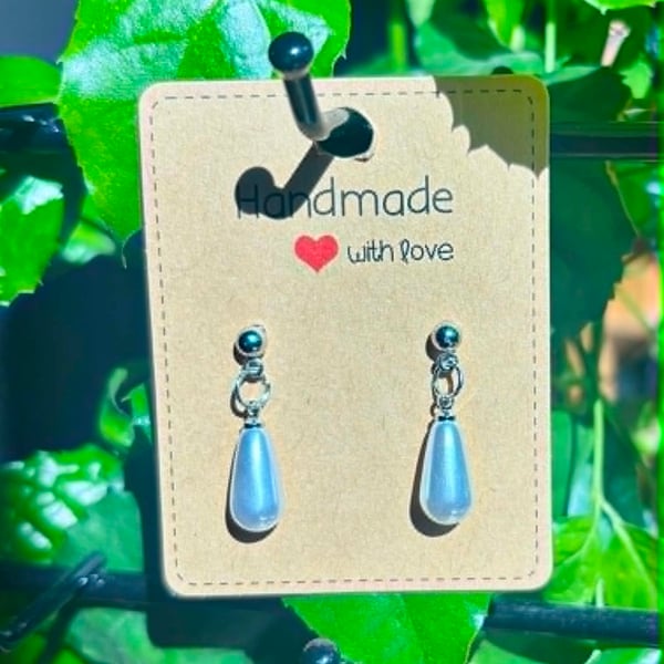 Handmade Silver-Tone Stud Earrings with Pearl-Look Bead Droplets