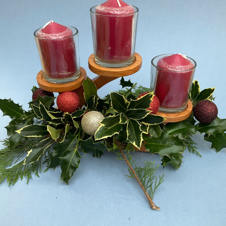 Cherry Wood 3 Candle Holder with Glass Candle Cups
