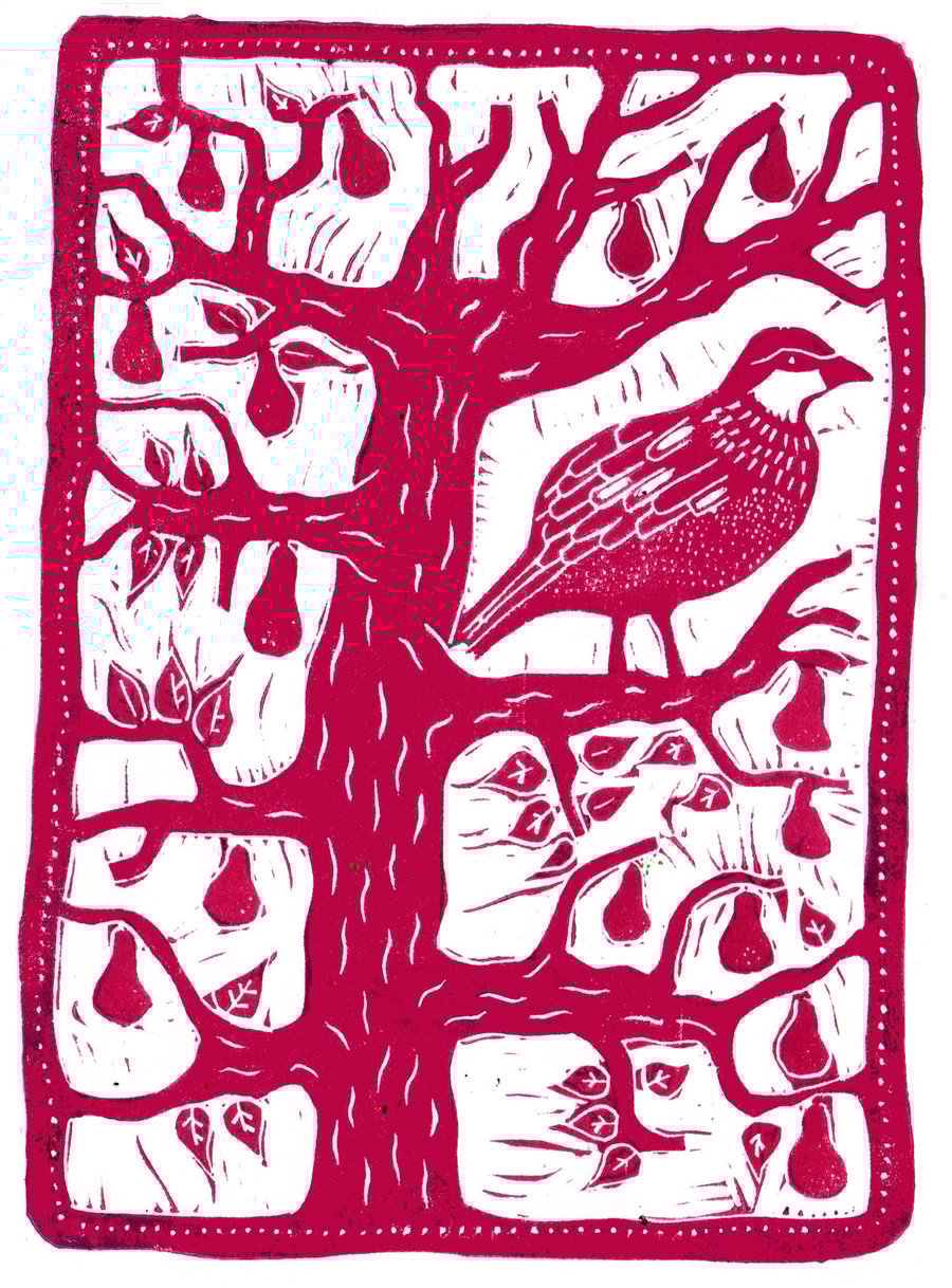 A Partridge In A Pear Tree Christmas card, linocut print by John Freeman