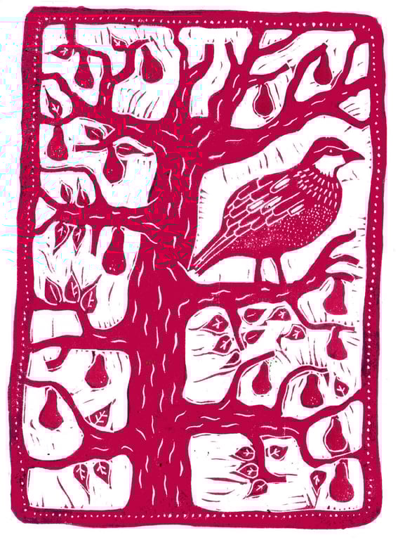 A Partridge In A Pear Tree Christmas card, linocut print by John Freeman