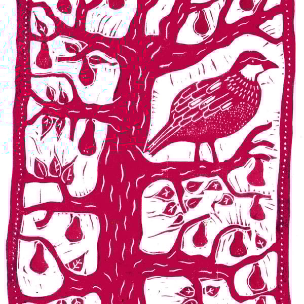 A Partridge In A Pear Tree Christmas card, linocut print by John Freeman