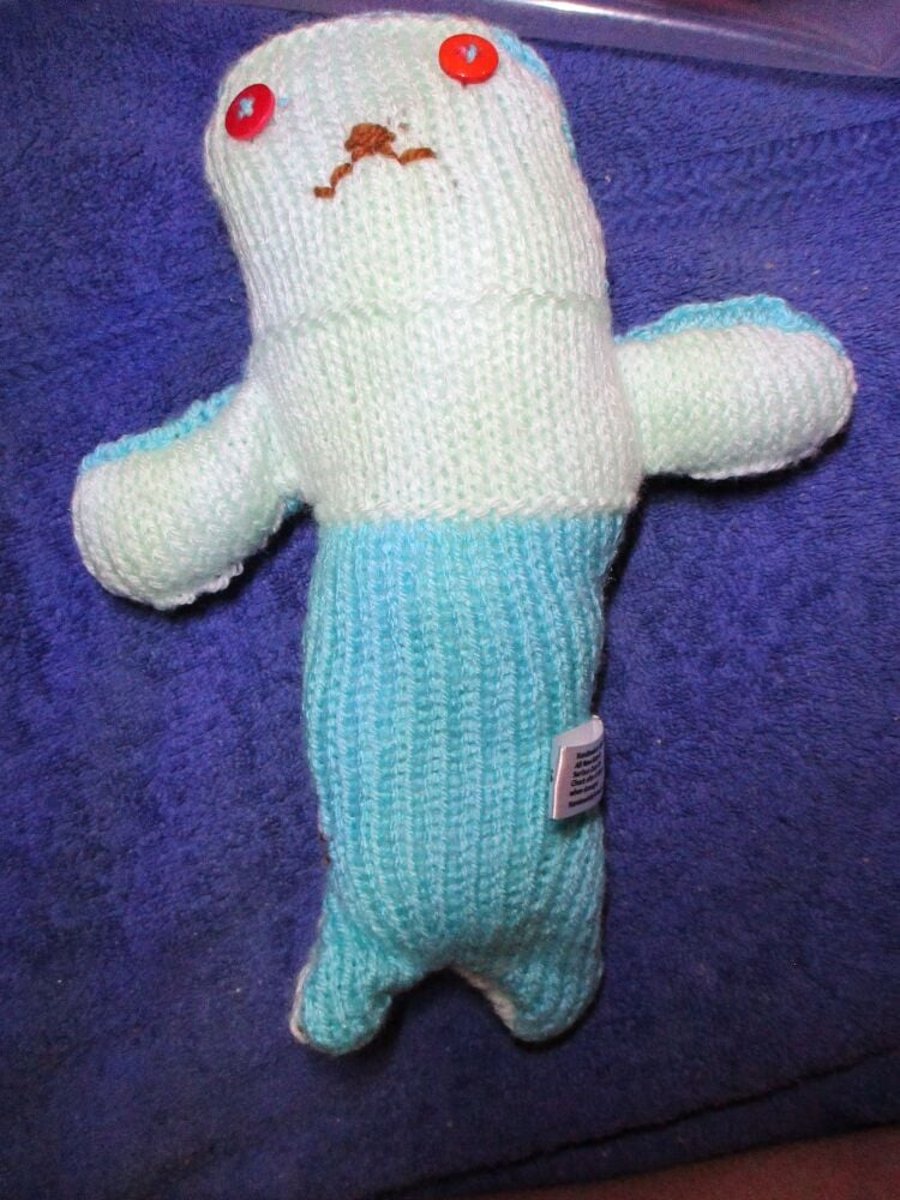 Mint and Aqua Hairless Midi Mermaid with Red Blue Eyes Knitted By KM