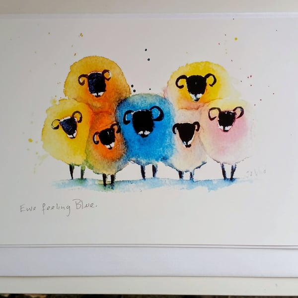 Ewe Feeling Blue Signed print card
