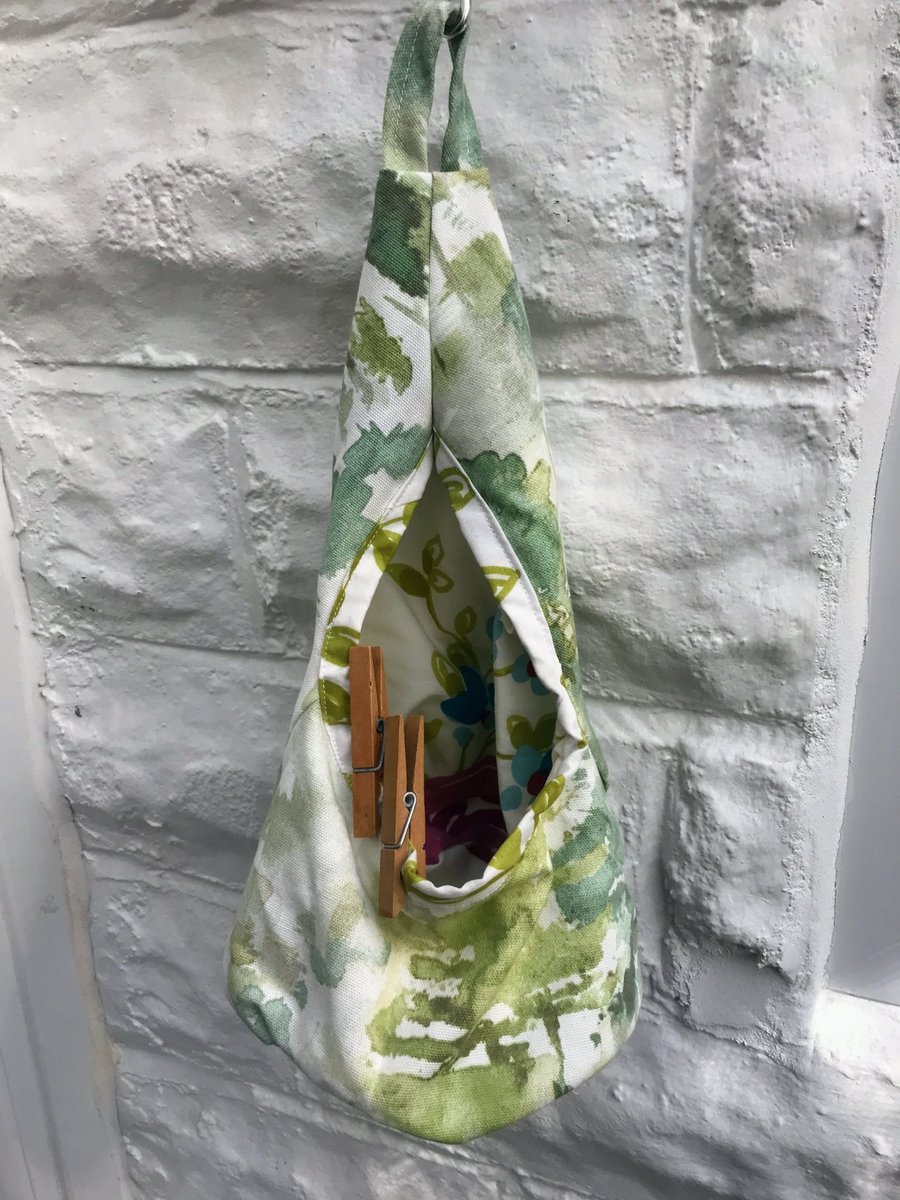 Green Cotton Peg Bag, Trees Canvas Fabric Lined Wigwam Peg Storage Bag
