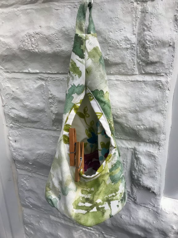 Green Cotton Peg Bag, Trees Canvas Fabric Lined Wigwam Peg Storage Bag