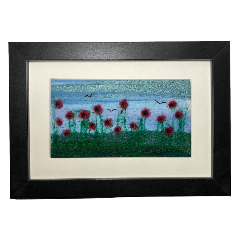 Textile wool and silk picture, needle felted, 6 x 4 framed poppies