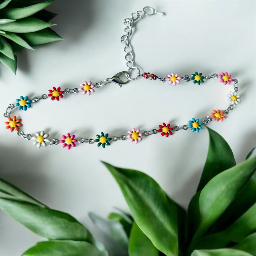 Daisy Chain Anklet - Silver Plated - Adjustable 9.5”- 12” Perfect for Summer