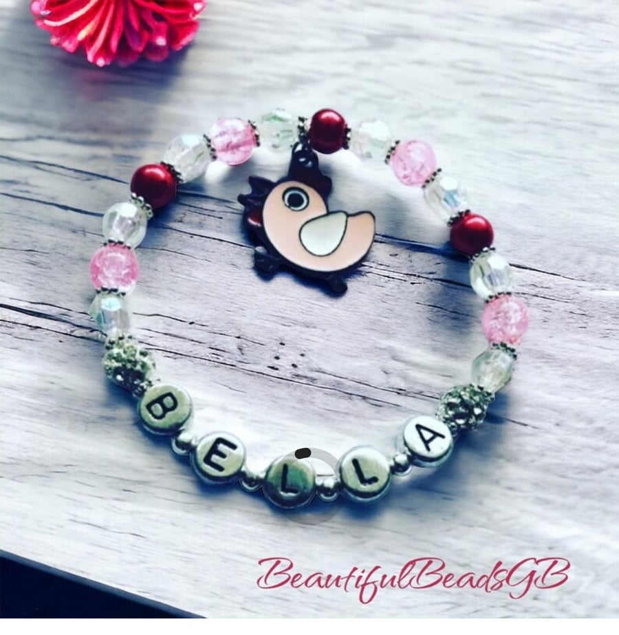 Personalised easter stretch beaded ab crystal pink charm bracelet chick charm