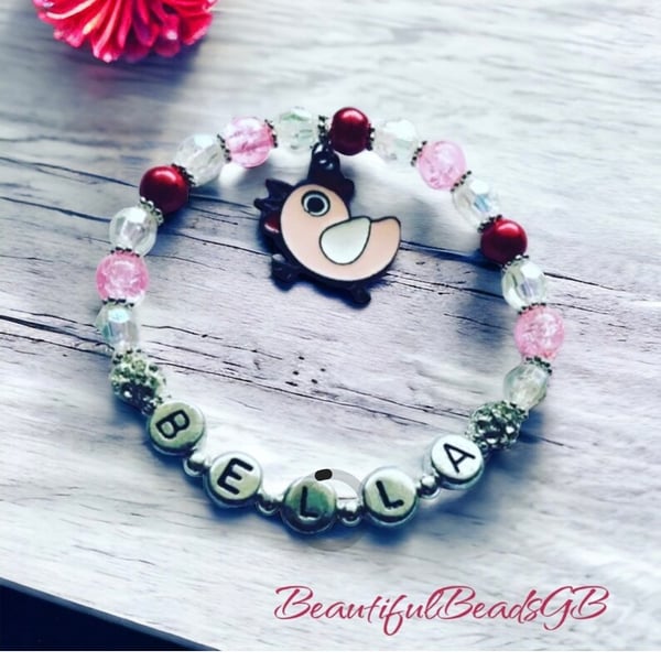 Personalised easter stretch beaded ab crystal pink charm bracelet chick charm