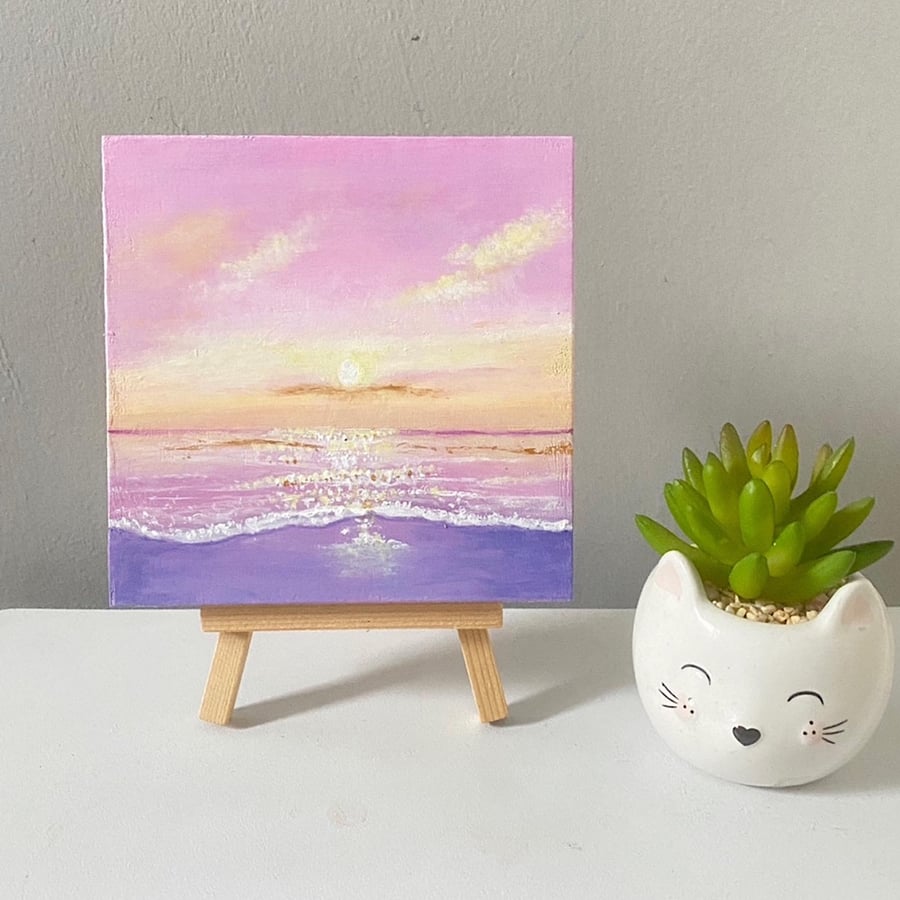 Original Acrylic Painting On A Wooden Board Seascape Sunset Hand Painted