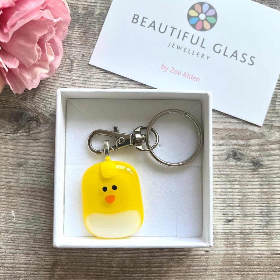 Chick keyring, teacher gift, cute animal present, fused glass, chicken lover