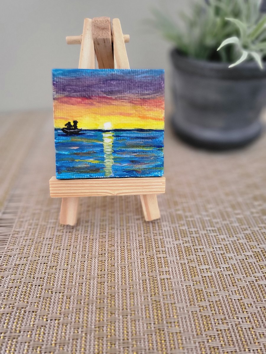 Original mini canvas seascape painting sunset boat 