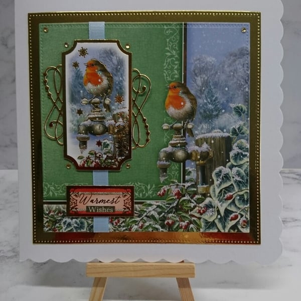 Christmas Card Warmest Wishes Robin Garden Tap Snow 3D Luxury Handmade 
