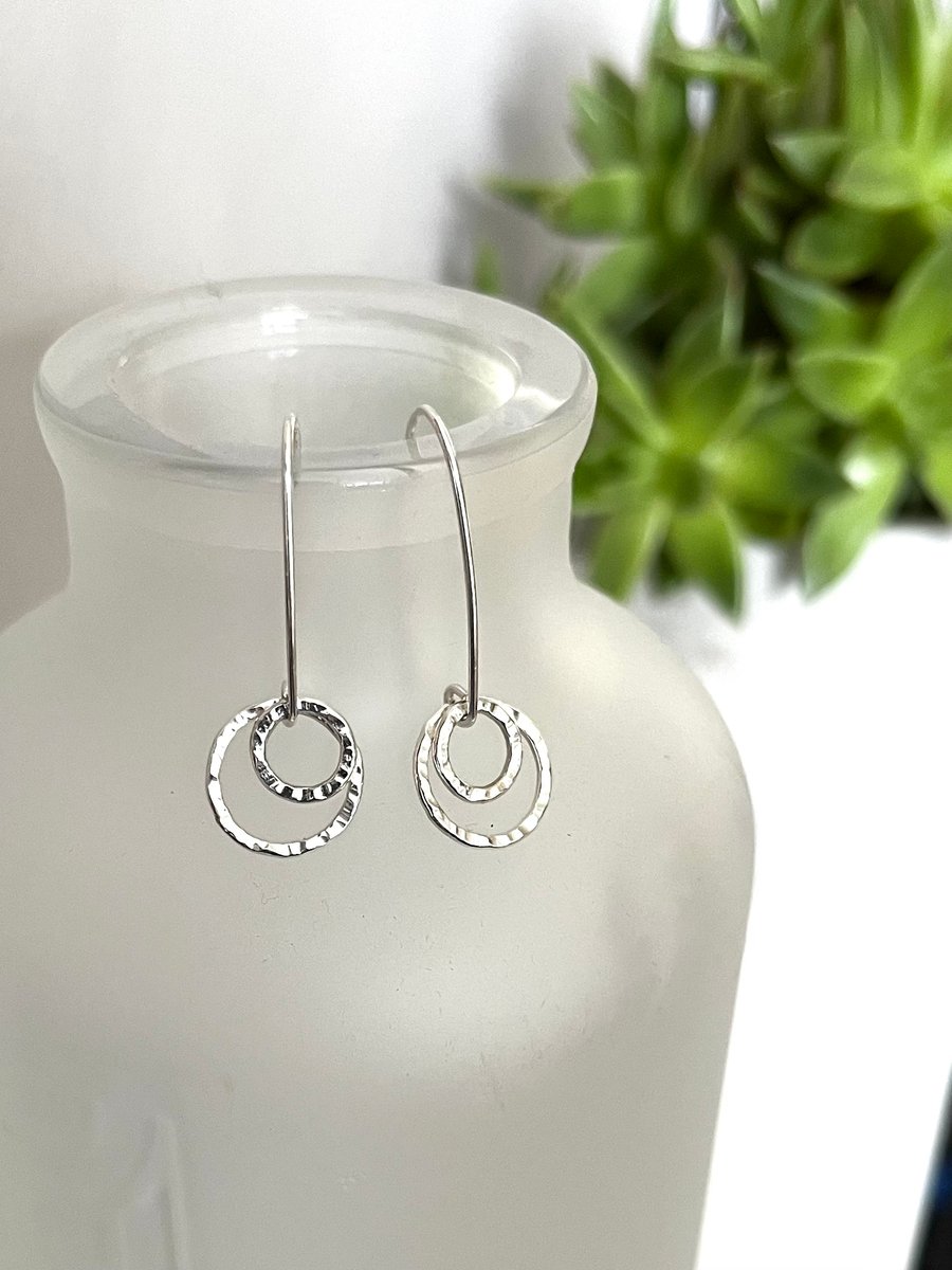 Double Sterling Silver Hammered Circle Hook Wire Earrings