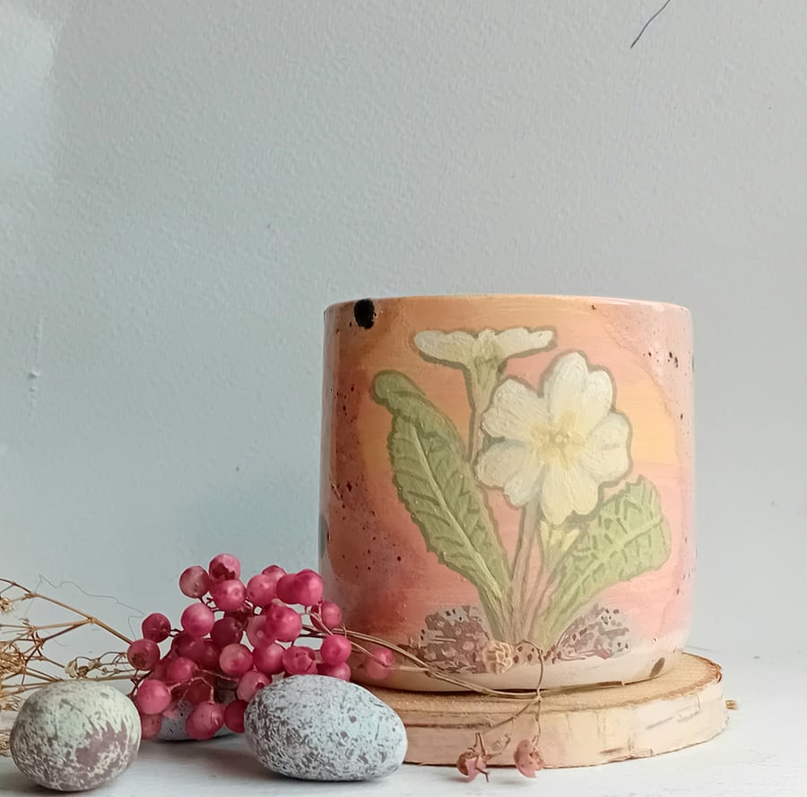 Primrose cup, hand painted earthenware ceramic wood fired, organic shape