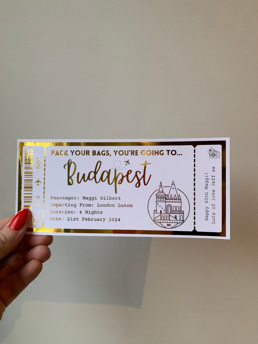 Budapest Boarding Pass, Any Personalised Holiday Foil Gift Ticket Voucher