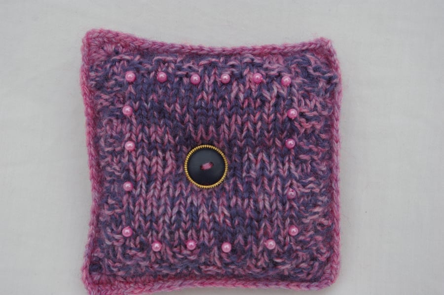 Pin Cushion Hand Knitted in Pink and Purple