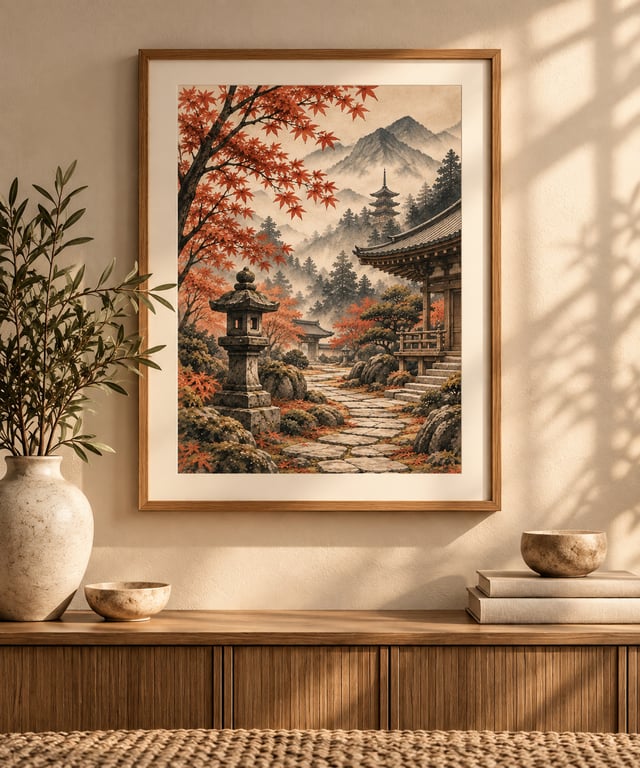 Autumn Temple Garden Wall Art - Japandi Retreat Print (Physical Print)