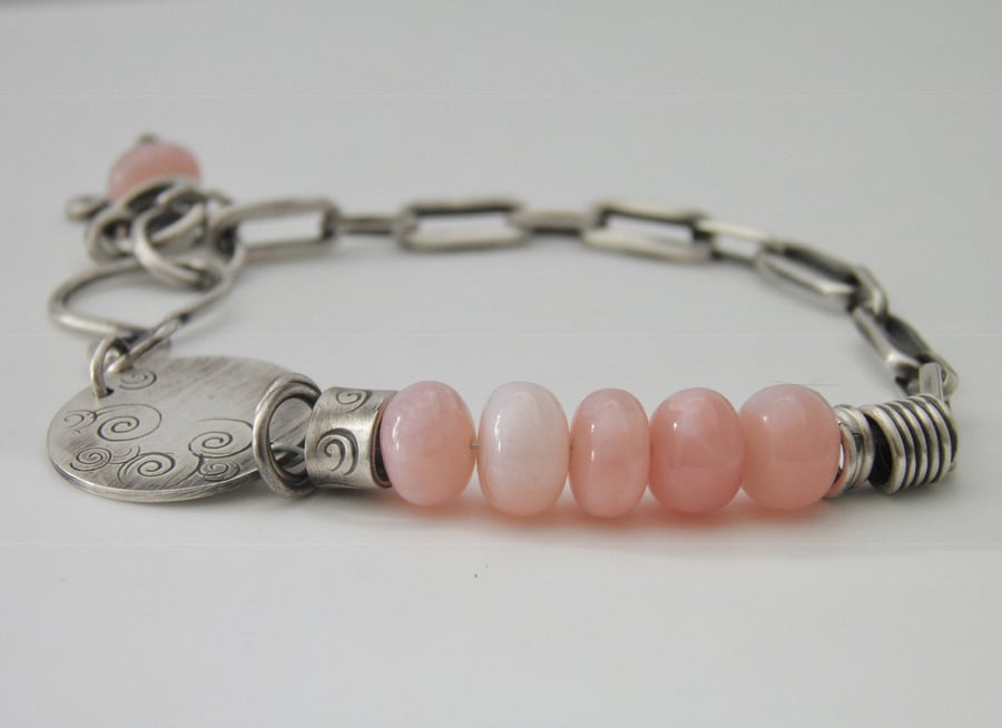 Sterling Silver Bracelet with Pink Opal Gemstone