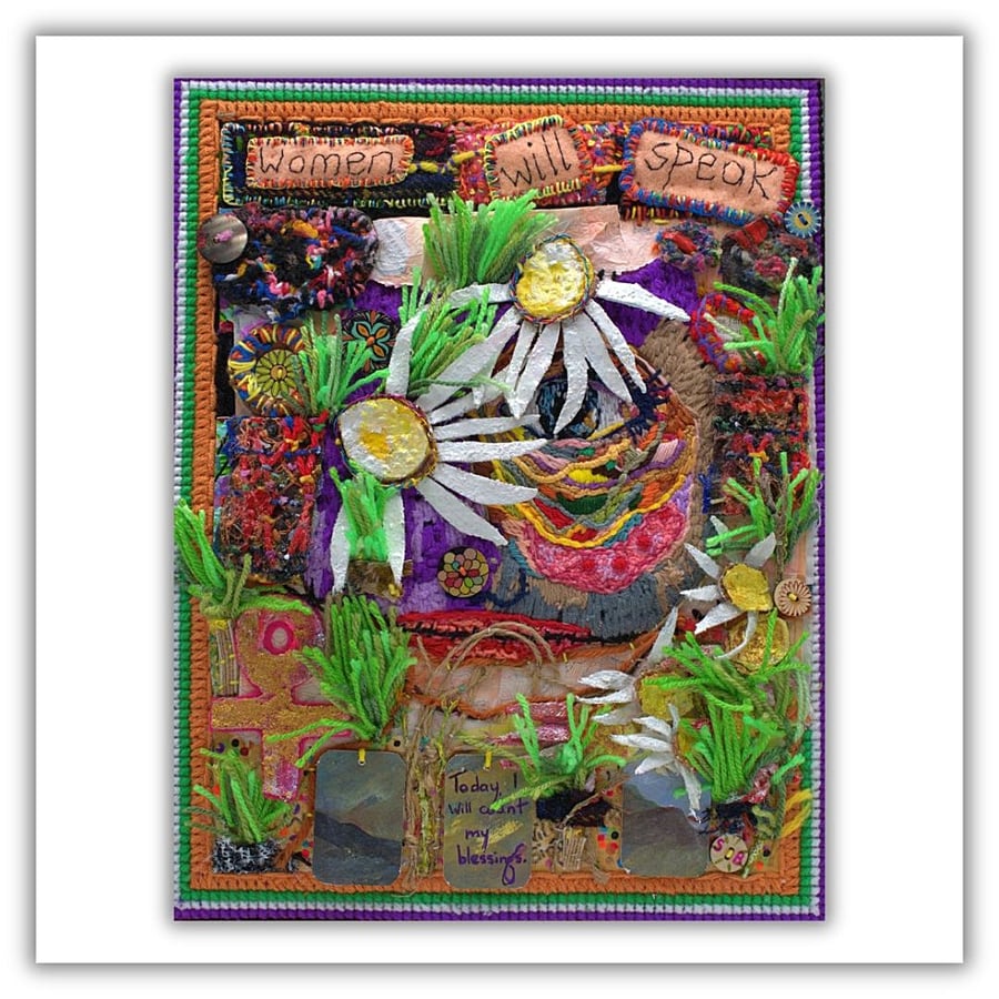 Original framed textile art - feminist art - needlework collage