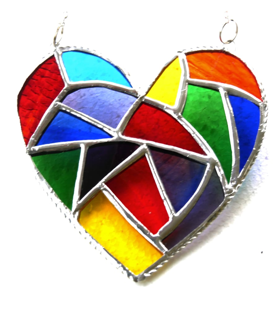 Fat Patchwork Heart Suncatcher Rainbow Stained Glass Handmade 