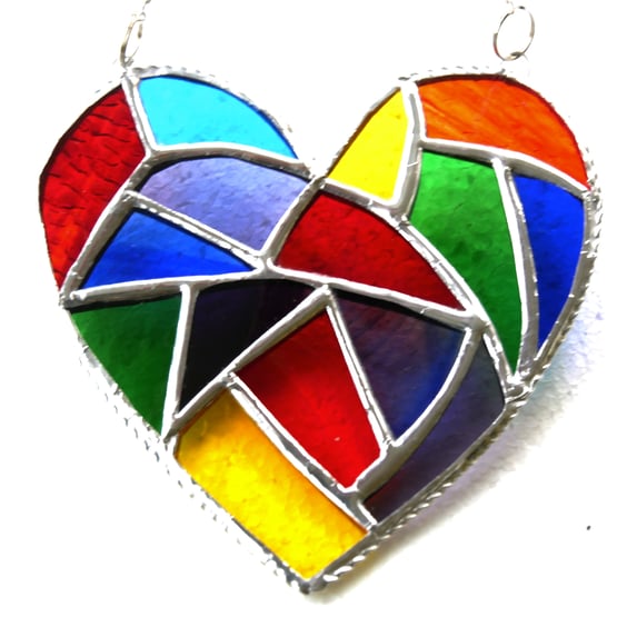 Fat Patchwork Heart Suncatcher Rainbow Stained Glass Handmade 