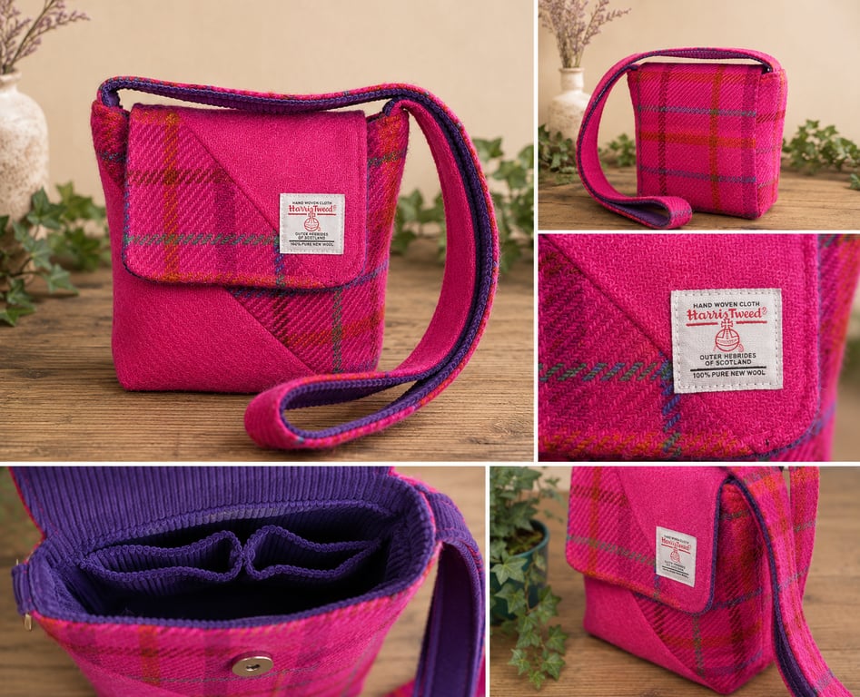 Dinky Harris Tweed Crossbody Bag – Handmade Pink Tartan Shoulder Bag