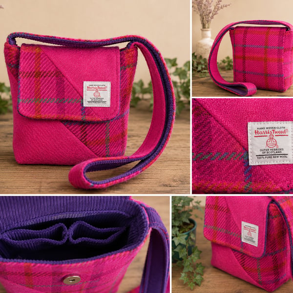 Dinky Harris Tweed Crossbody Bag – Handmade Pink Tartan Shoulder Bag