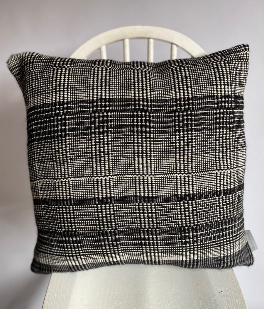Black & White 2: Hand woven wool cushion, designed and made by Yvonne Skelton