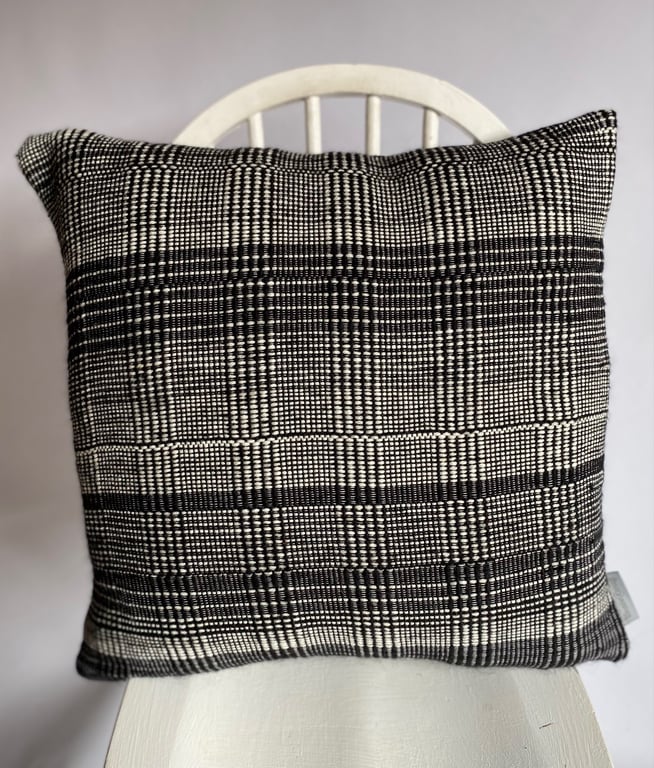Black & White 2: Hand woven wool cushion, designed and made by Yvonne Skelton