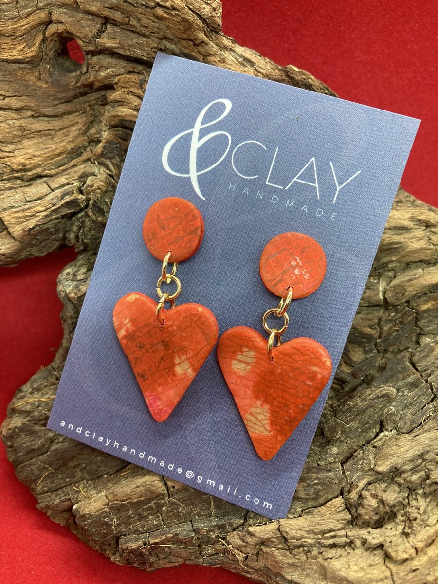 Red and Gold Heart Shaped Polymer Clay Earrings