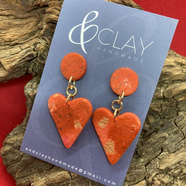 Red and Gold Heart Shaped Polymer Clay Earrings