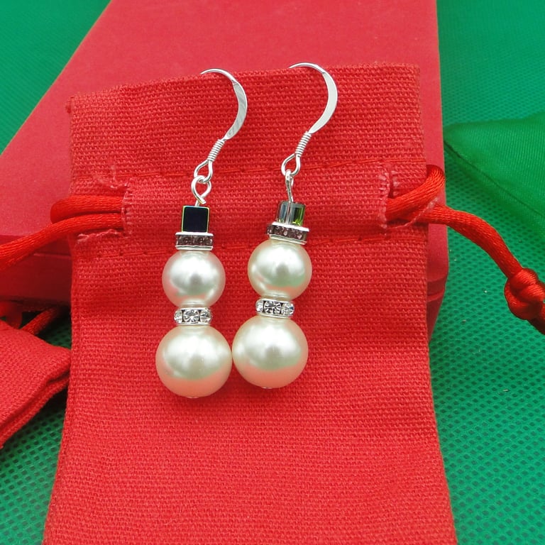 Sparkly Pearl Snowmen Earrings - Christmas gift