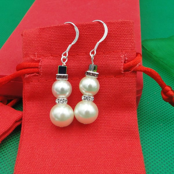 Sparkly Pearl Snowmen Earrings - Christmas gift
