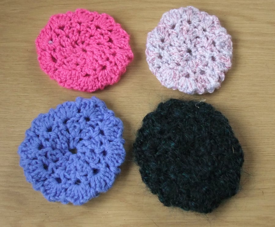 Four crochet bun hair nets, colourful, handmade for danceware, majorette