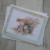 Cute Girl with Cat and Pot of Flowers - Blank Greetings Card