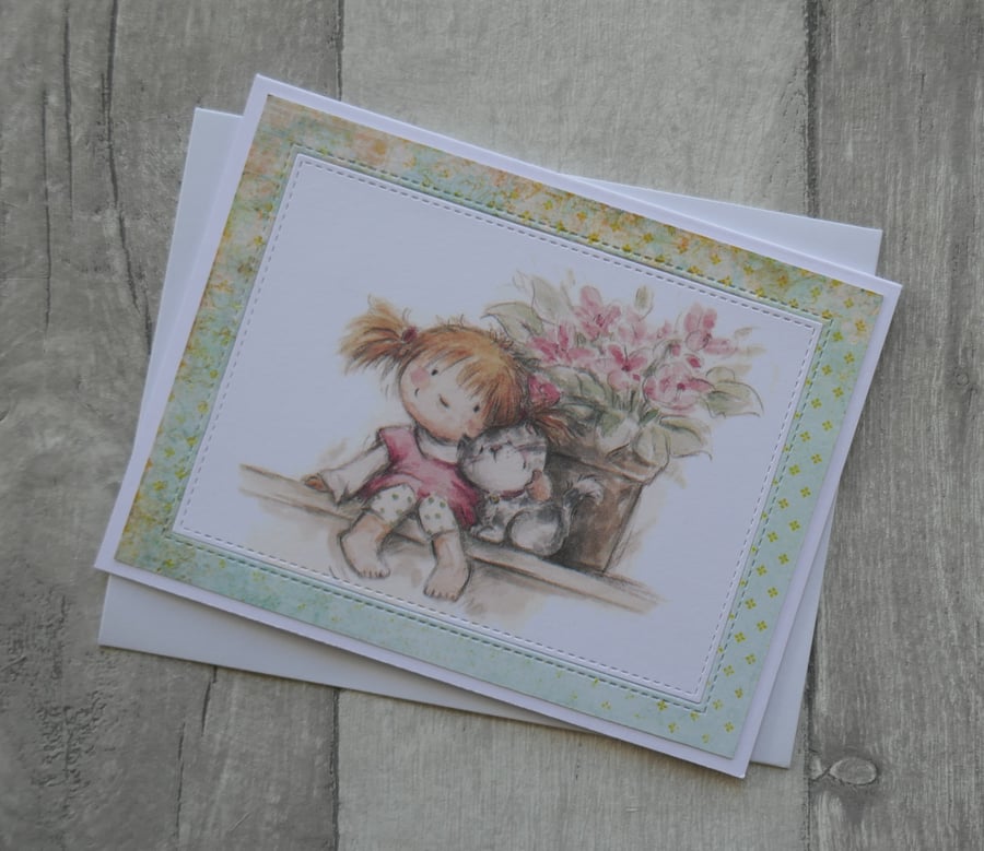 Cute Girl with Cat and Pot of Flowers - Blank Greetings Card