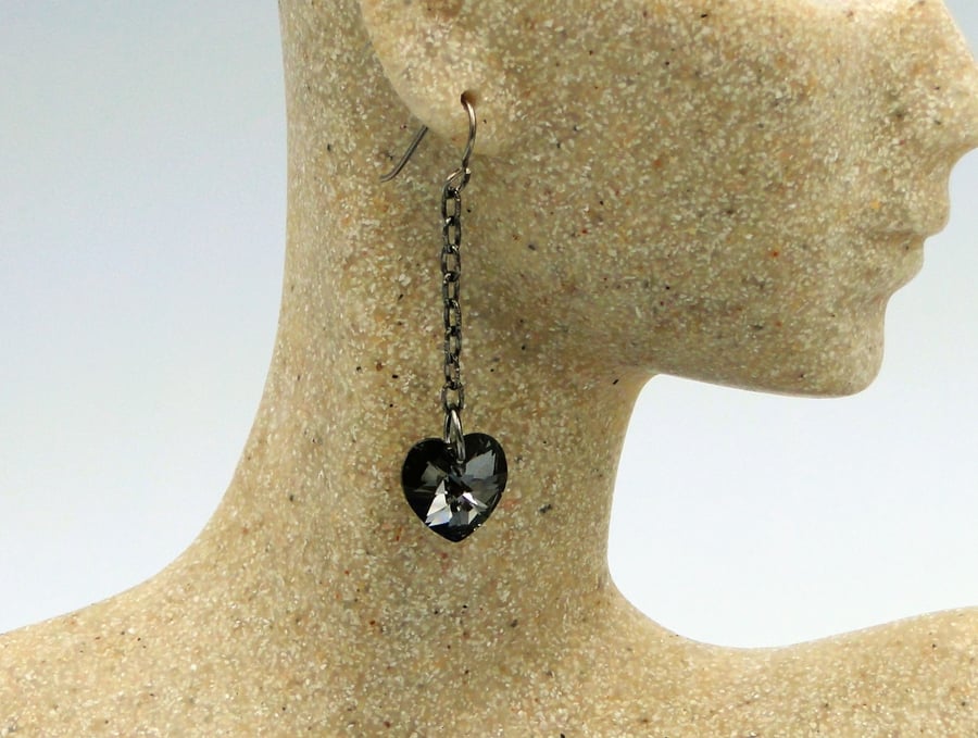 Sparkling Black Chrystal Heart earrings on a black chain