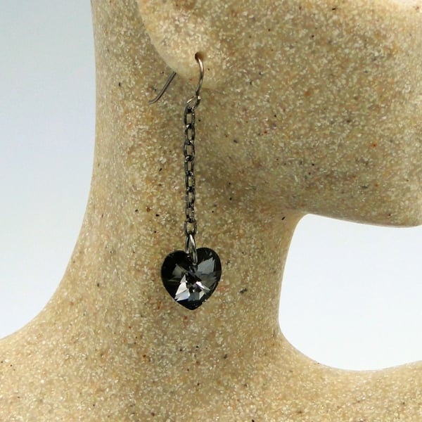 Sparkling Black Chrystal Heart earrings on a black chain