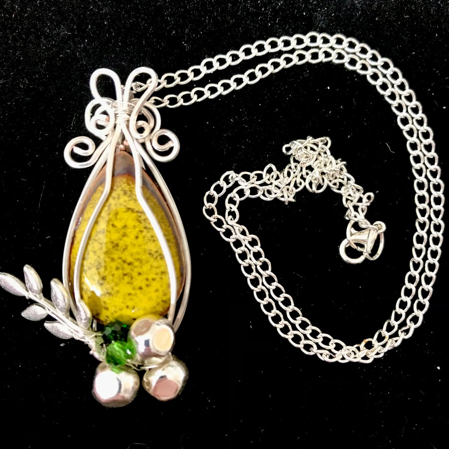 Statement Ceramic Pendant, 16” Chain - Gift Boxed - Wire Wrapped in Silver P