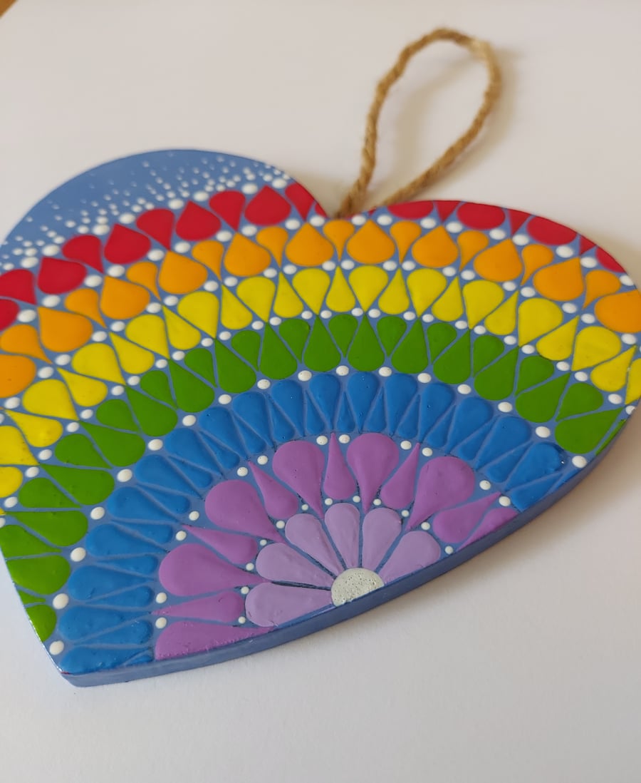 Rainbow Wooden Hanging Heart Decoration 