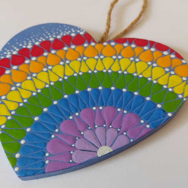 Rainbow Wooden Hanging Heart Decoration 