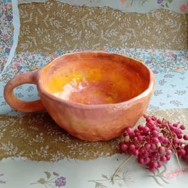 Tea cup mug,pinched pot earthenware ceramic,peach yellow crackle glaze, rustic