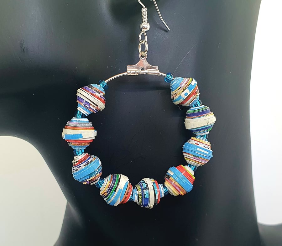 Large hoop earrings with multicoloured paper beads