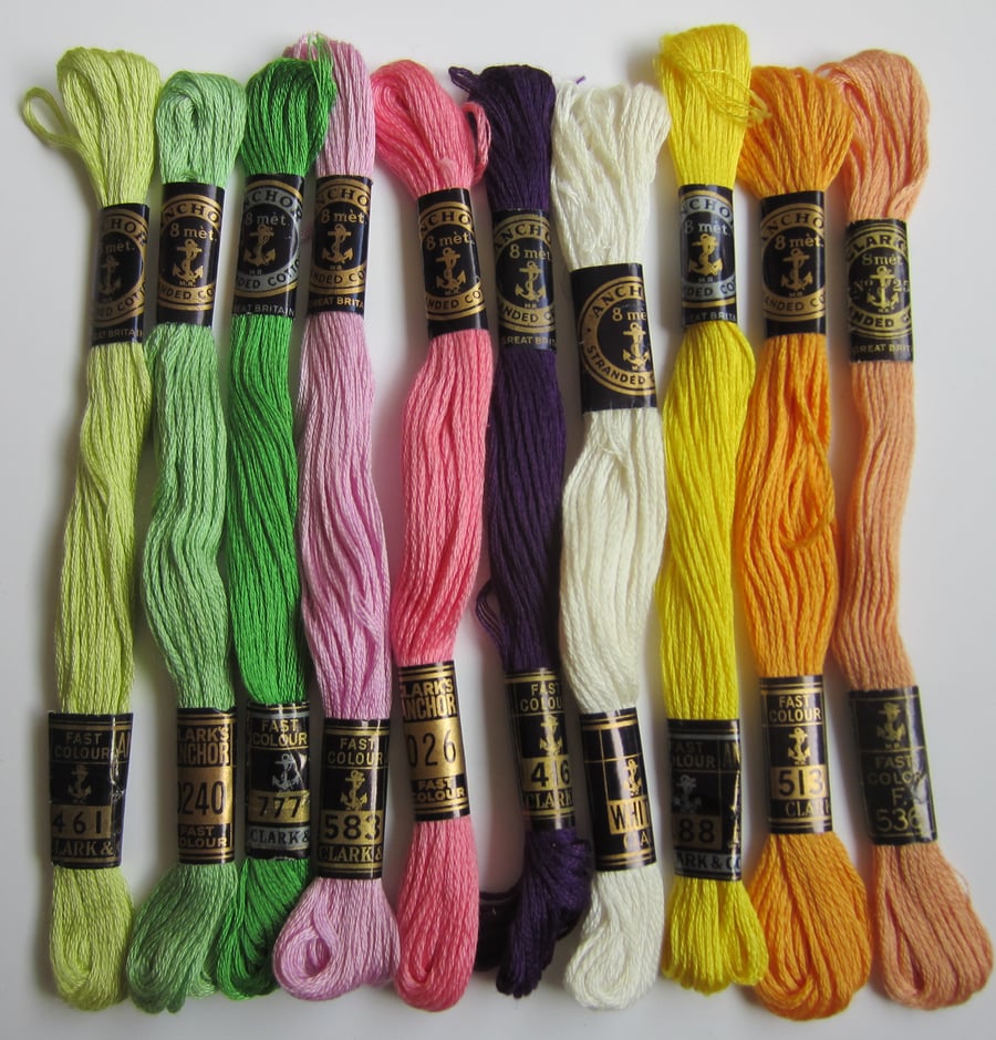 10 Skeins of Anchor Embroidery Threads - Assorted Colours