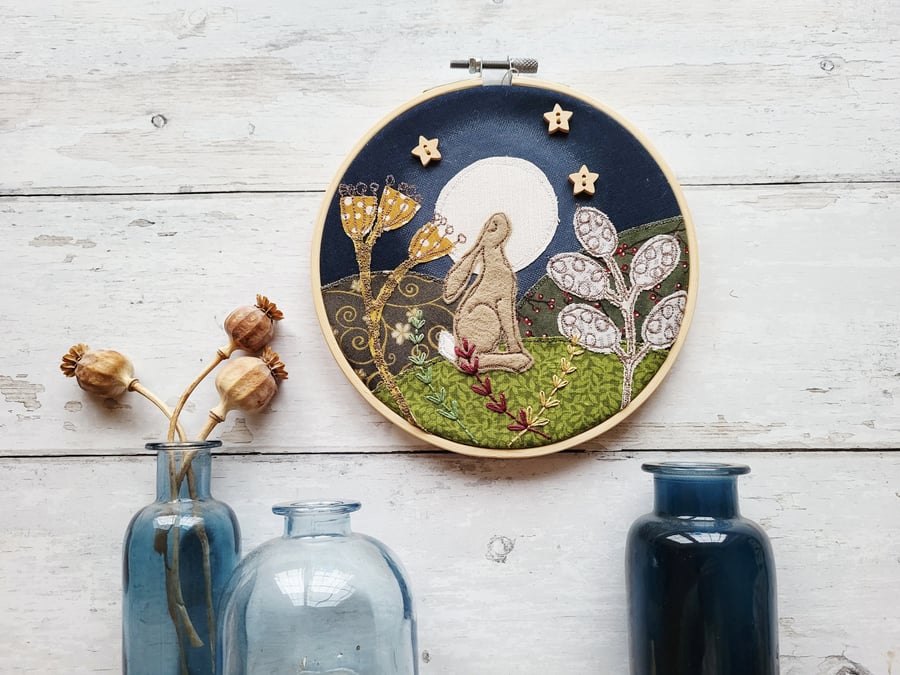 Moongazing Hare Hoop with hand embroidery