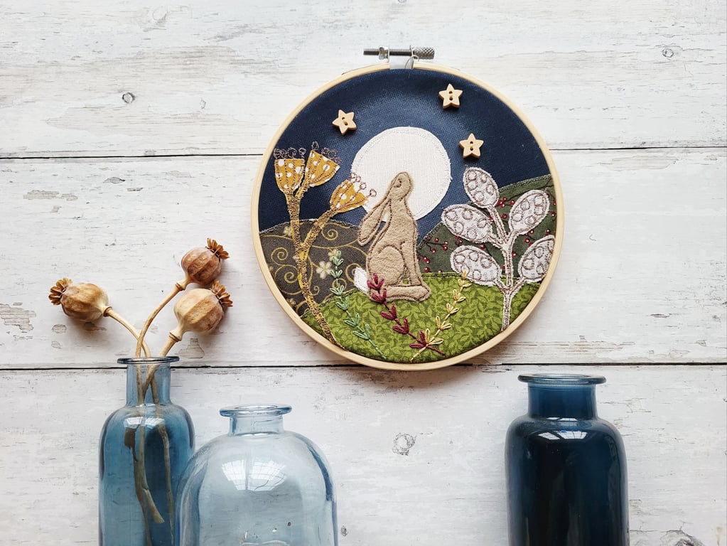 Moongazing Hare Hoop with hand embroidery
