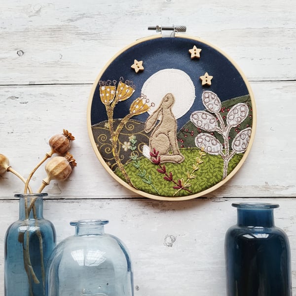 Moongazing Hare Hoop with hand embroidery