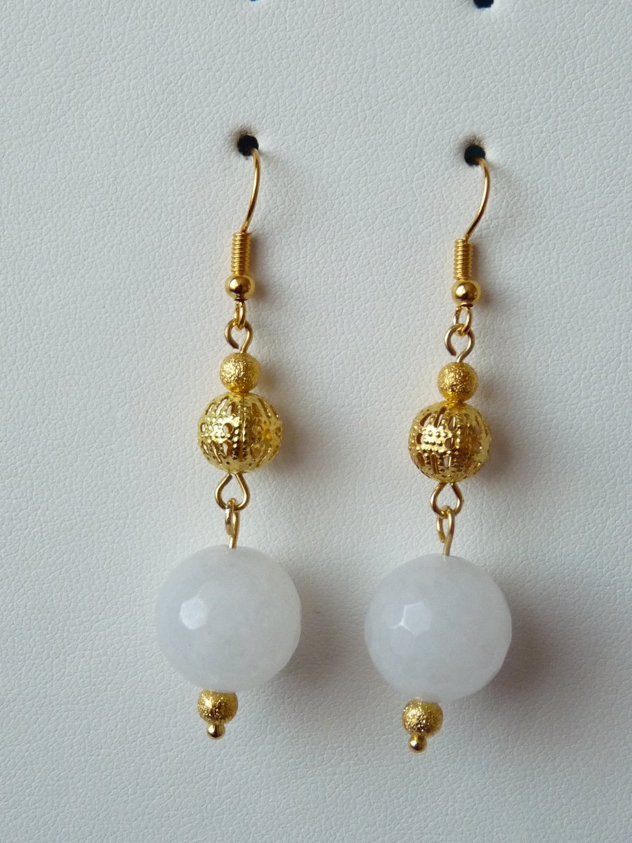 White Quartzite & Gold Filigree Earrings  - Handmade - Genuine Gemstone 