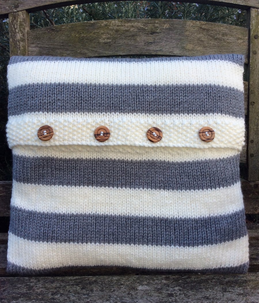 Cushion cover denim blue and white stripe hand knit